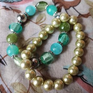 Pair Stretch Bracelets Light Green Faux Pearls Lucite Moonglow Blue Flaw